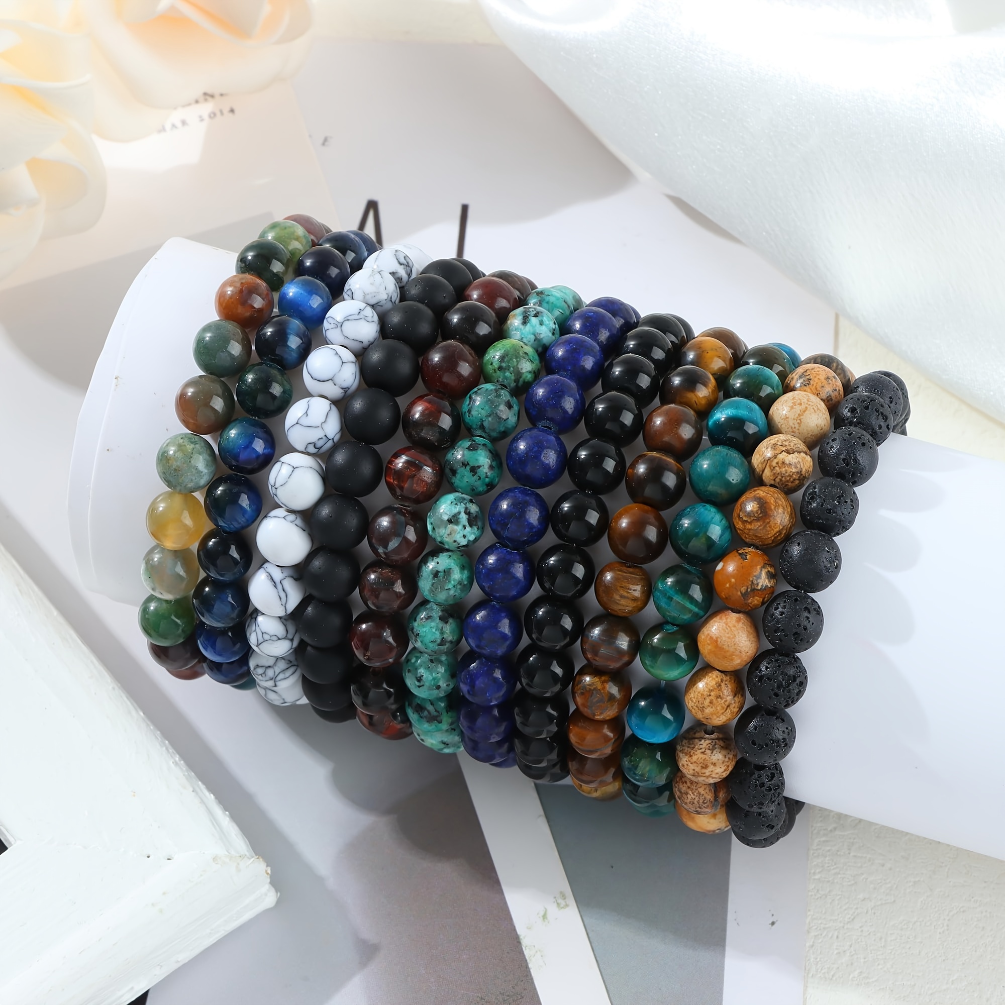 Women's 12 Natural Stone Beaded Stretch Bracelet Set